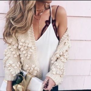 ChicWish Handmade With Love Ivory Cream Pom Pom Heart Cardigan Sweater Medium